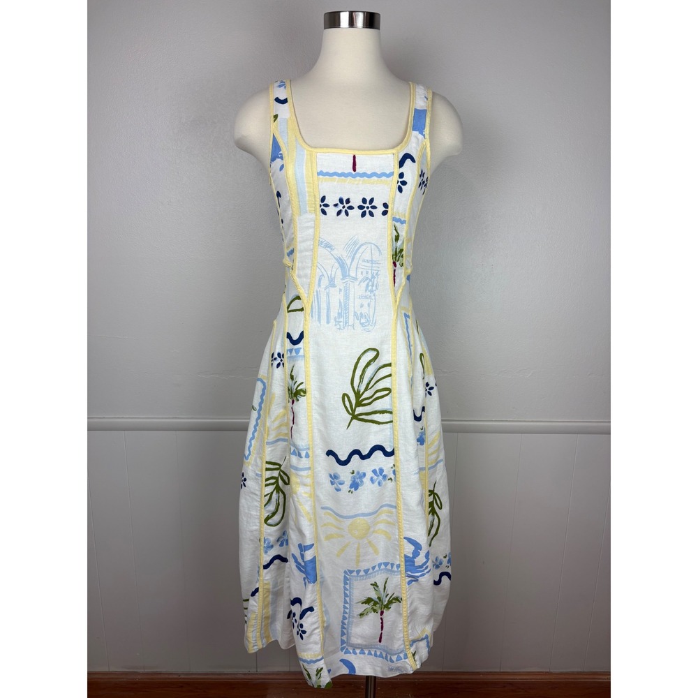 Caroline Constas Structured Fit & Flare Midi Dress Size S Linen Blend Beachy